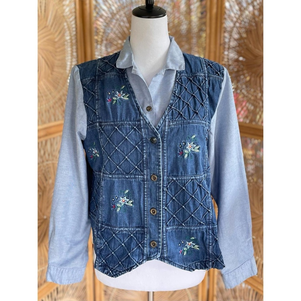 Vintage Alfred Dunner Petite Denim Embroidered Vest Button Down Long Sleeve
